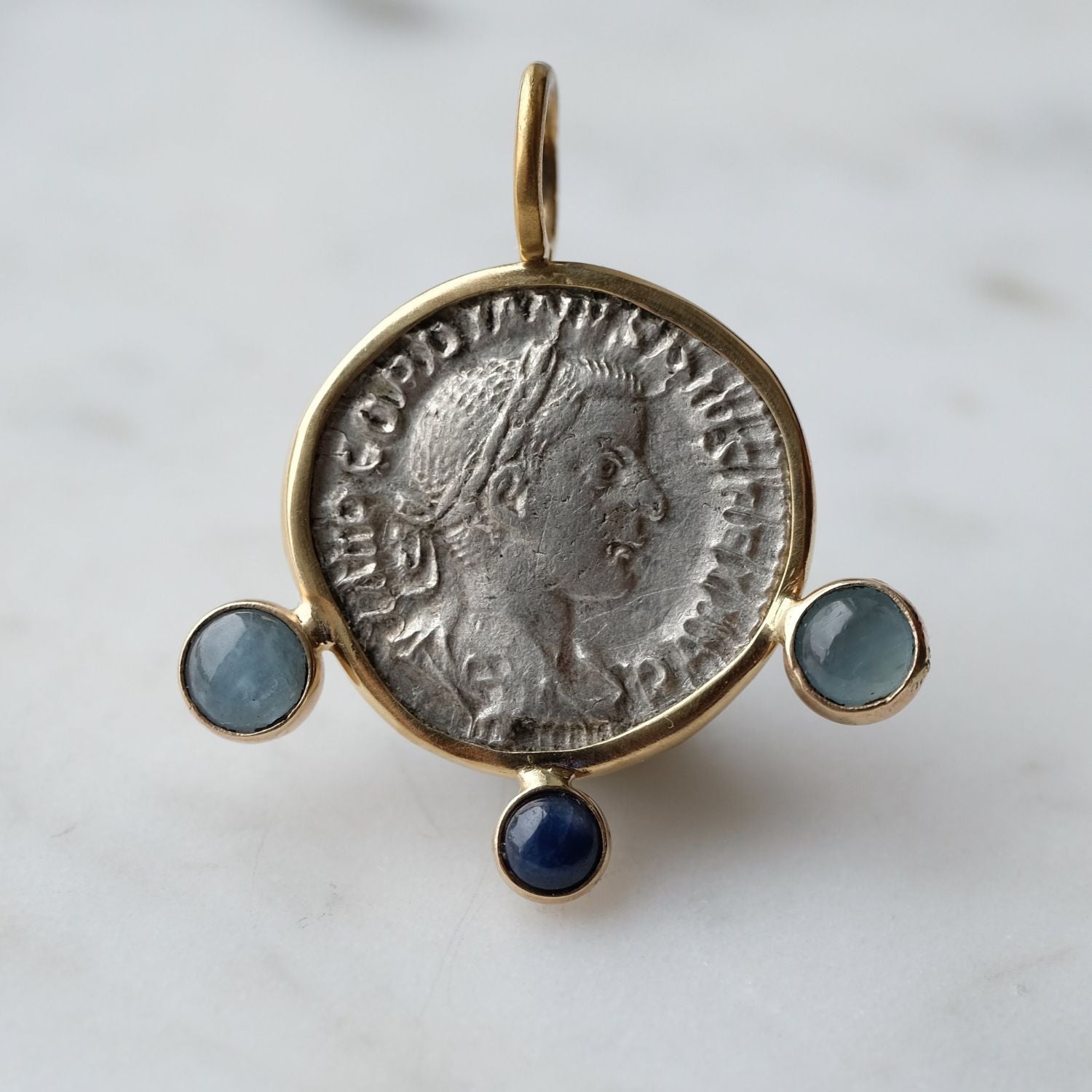 Gordian III Denarius with Sapphire and Aquamarine