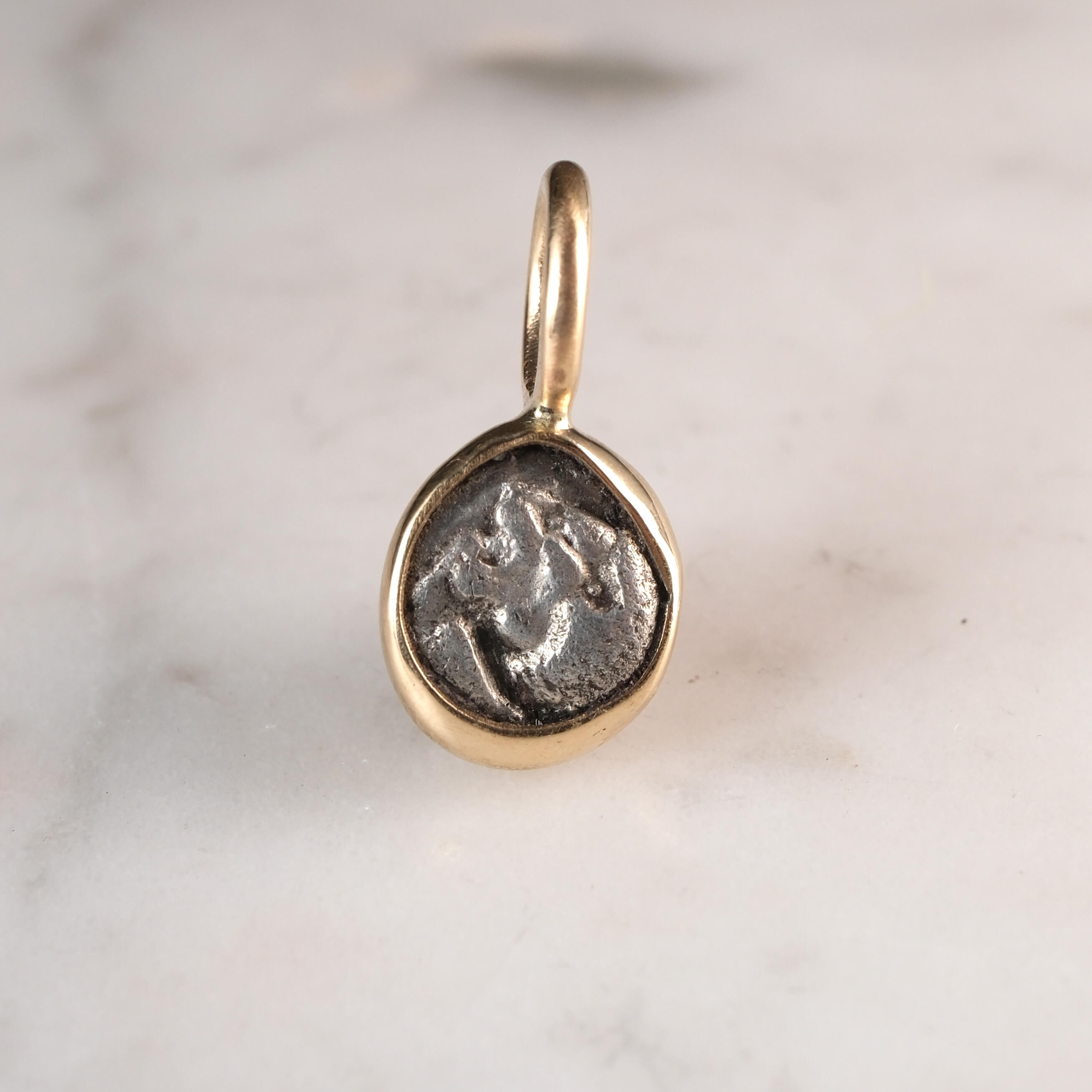 Ancient Greek 1⁄12 Stater of Miletos Set in 14k Gold (Lion)