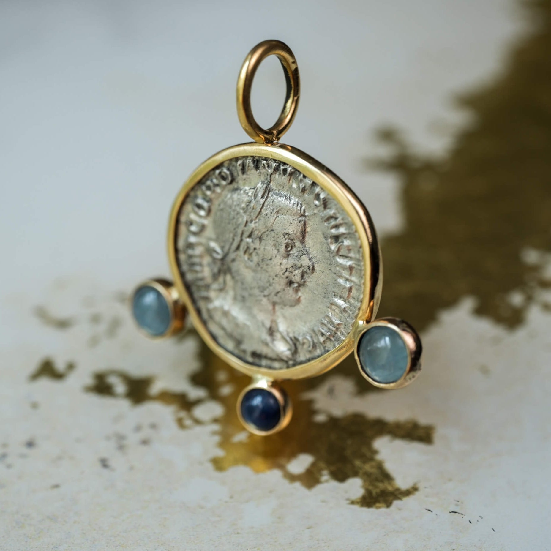 Gordian III Denarius with Sapphire and Aquamarine