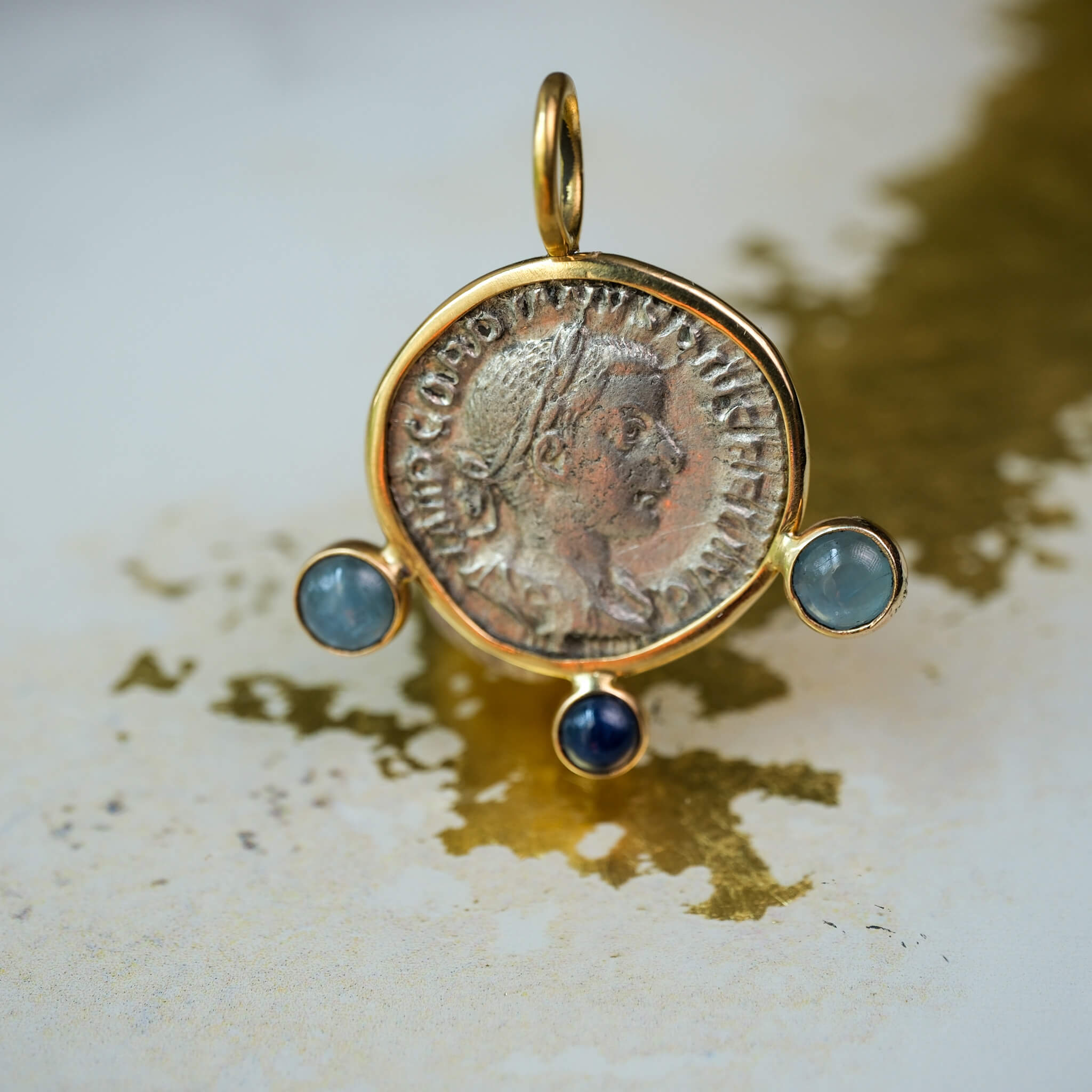 Gordian III Denarius with Sapphire and Aquamarine