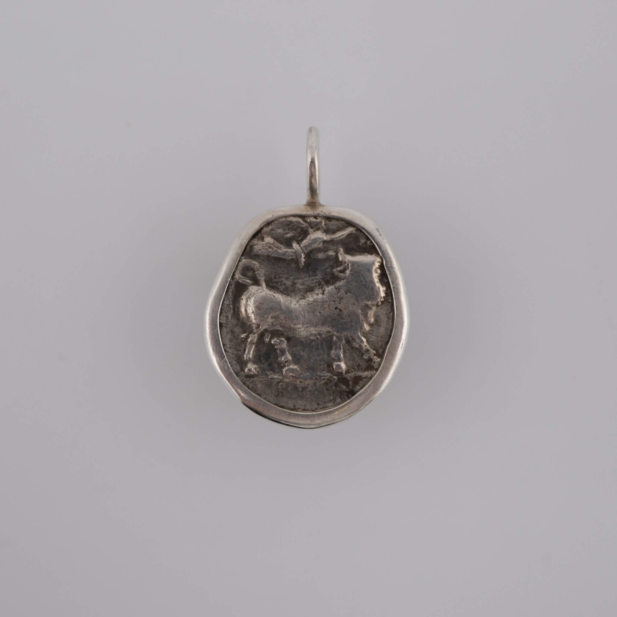 Neapolis – Silver Didrachm Pendant with Man-Headed Bull & Nymph (c. 320–300 BC) | Set in Sterling Silver