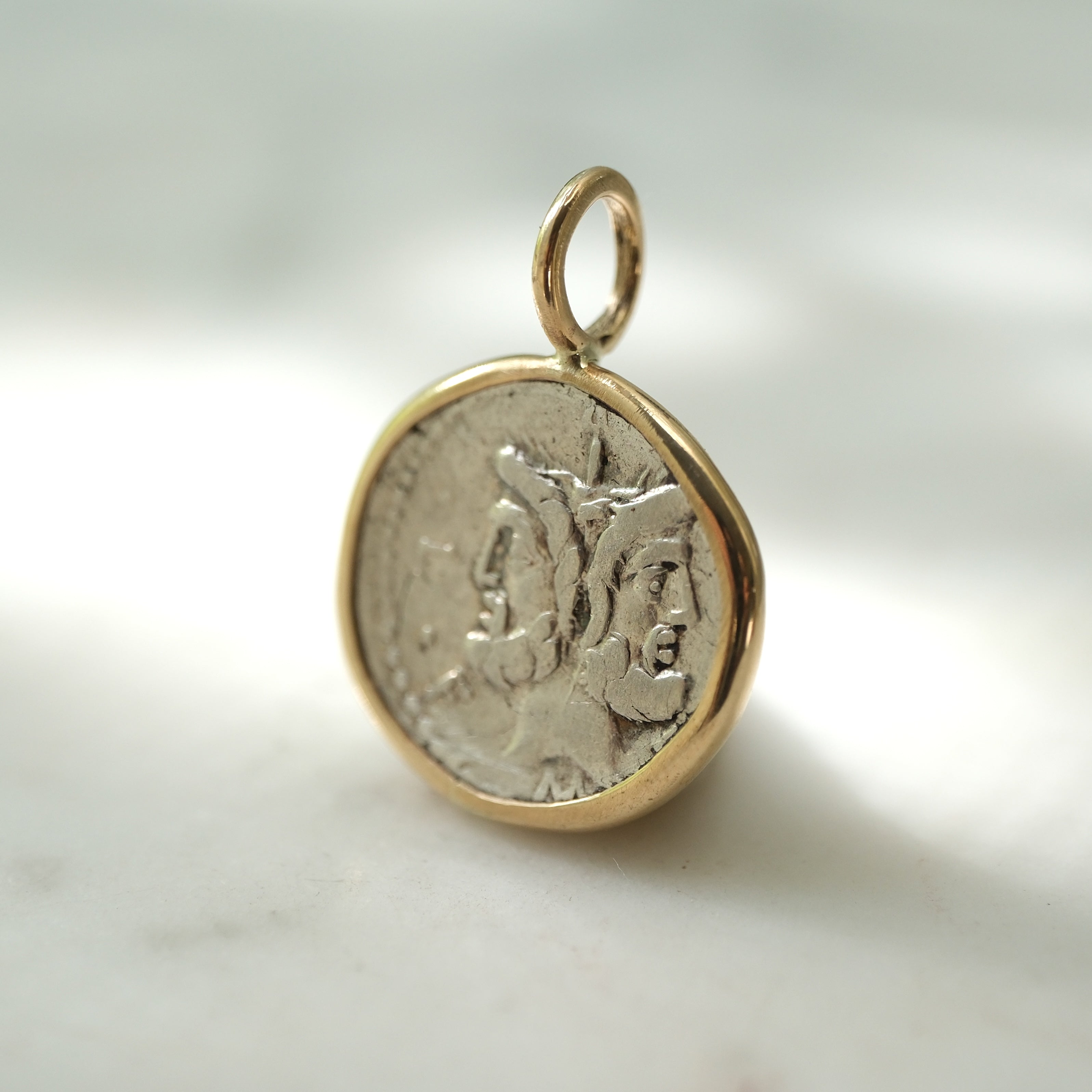 Roman Republican Janus Denarius Pendant in Handcrafted 14k Gold