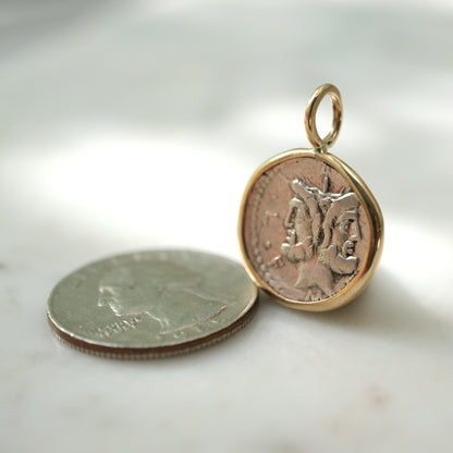 Roman Republican Janus Denarius Pendant in Handcrafted 14k Gold