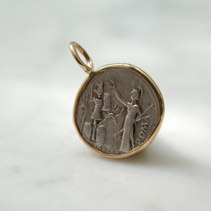 Roman Republican Janus Denarius Pendant in Handcrafted 14k Gold