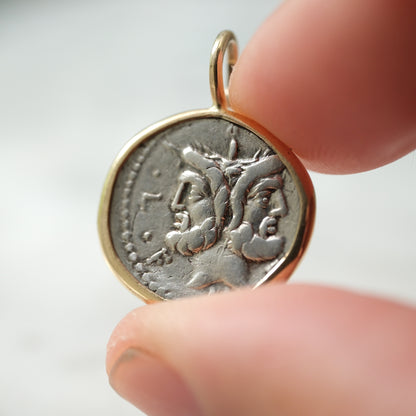 Roman Republican Janus Denarius Pendant in Handcrafted 14k Gold