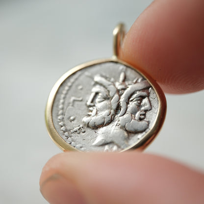 Roman Republican Janus Denarius Pendant in Handcrafted 14k Gold