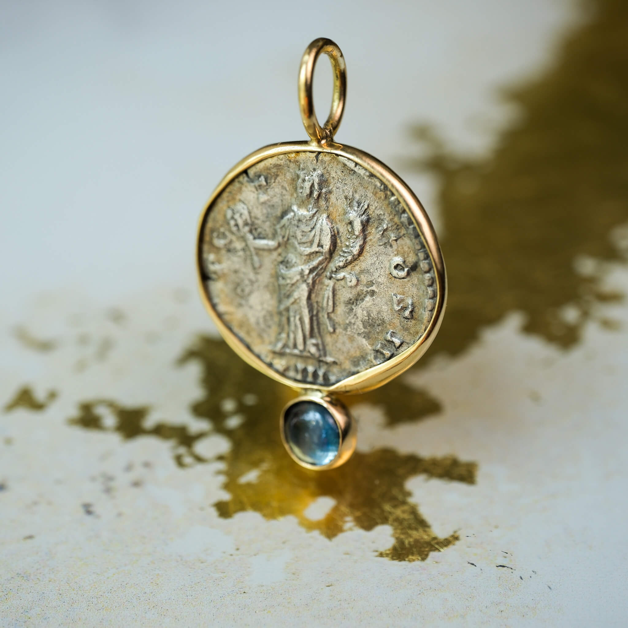 Fortuna and Sapphire | Rome, AD 160 | Denarius in 18k Gold with Sapphire Accent