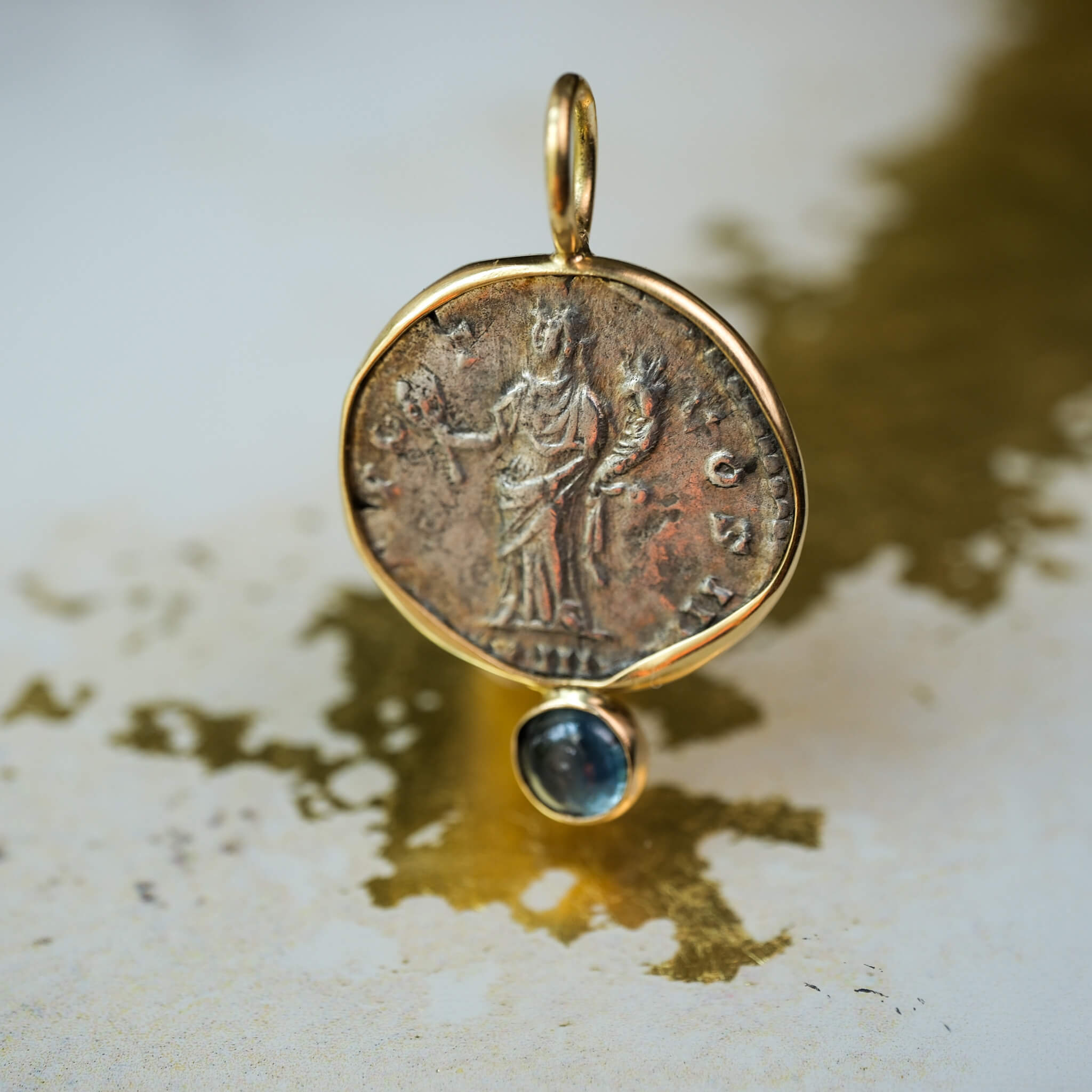Fortuna and Sapphire | Rome, AD 160 | Denarius in 18k Gold with Sapphire Accent